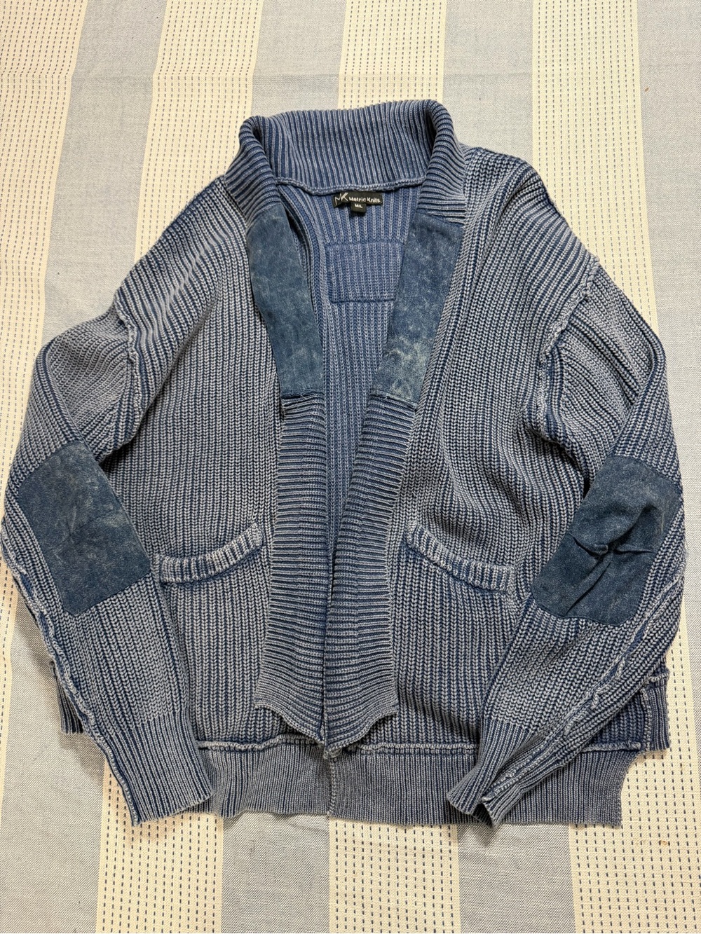 Metric Knits Ribbed Shawl Collar Cardigan with Suede Trim and Elbow Pads- Navy